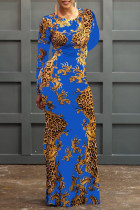 Blauwe mode sexy print uitgeholde O-hals jurken met lange mouwen