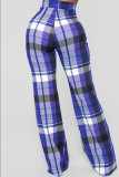 Blue Fashion Casual Plaid Print Basic Regular High Waist Trousers