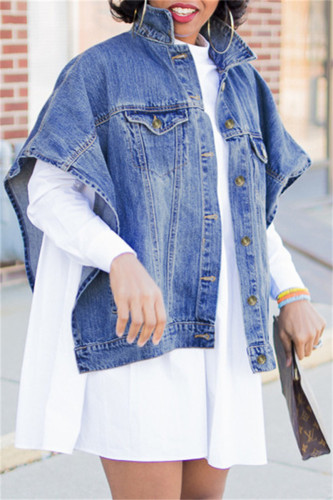 Blue Fashion Casual Solid Patchwork Turndown Collar Loose Denim Jacket