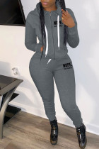 Dark Gray Fashion Casual Letter Print Patchwork Hooded Collar Long Sleeve Two Pieces
