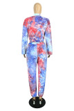 Colletto con cerniera tie-dye con stampa casual blu viola alla moda Plus Size due pezzi