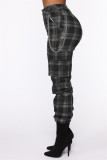 Pantalon taille haute gris décontracté à carreaux imprimés en patchwork