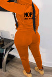 Оранжевый модный повседневный лоскутный воротник с капюшоном и буквенным принтом с длинным рукавом из двух частей