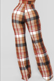 Burgundy Fashion Casual Plaid Print Basic Regular High Waist Trousers