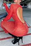 Red Sexy Print See-through Backless Slit O Neck Long Sleeve Dresses