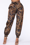 Blå Mode Casual Camouflage Print Basic Vanliga byxor med hög midja