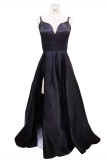 ブラックファッションセクシーなソリッドバックレススリットスパゲッティストラップイブニングドレス