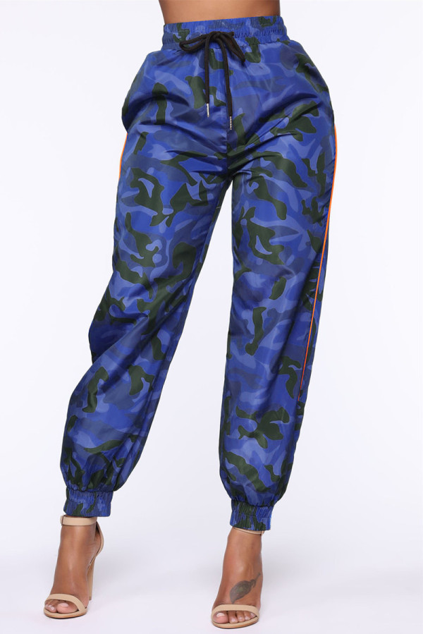 Blaue, modische, lässige Camouflage-Print-Basic-Hose mit hoher Taille