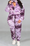 Colletto con cerniera tie-dye con stampa casual alla moda viola Plus Size due pezzi