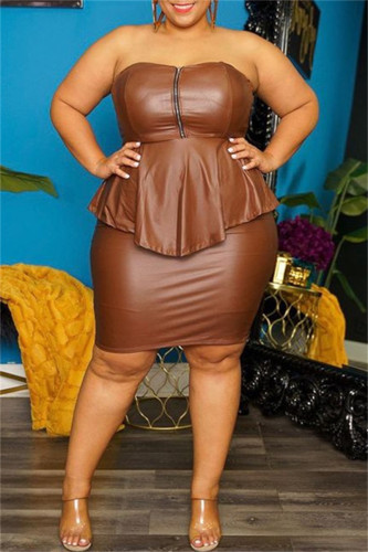Brown Sexy Casual Solid Patchwork Backless Strapless Plus Size Two Pieces