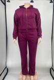 Purple Casual Solid Patchwork Zipper Hooded Collar Plus Size Two Pieces