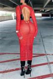 Red Sexy Print See-through Backless Slit O Neck Long Sleeve Dresses