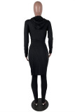 Black Fashion Casual Solid Slit Hooded Collar Long Sleeve Two Pieces