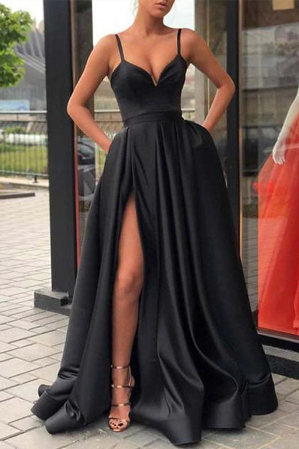 Vestido de noche con correa de espagueti y abertura sin espalda sólida sexy de moda negra