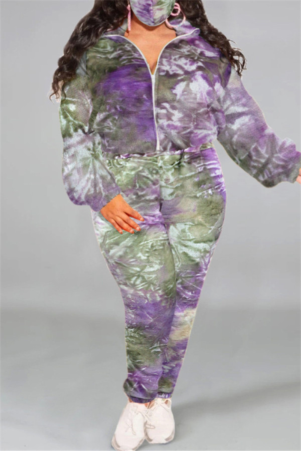 パープルグリーンファッションカジュアルプリント絞り染めジッパーカラープラスサイズツーピース