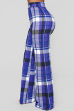 Blue Fashion Casual Plaid Print Basic Regular High Waist Trousers