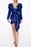 ブルー セクシー ソリッド パッチワーク フォールド V ネック ワンステップ スカート ドレス
