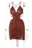Brown Sexy Solid Bandage Draw String Backless Halter Sling Dress