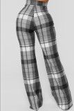 Grey Fashion Casual Plaid Print Basic Regular High Waist Trousers