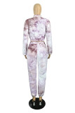 Colletto con cerniera tie-dye con stampa casual alla moda viola Plus Size due pezzi