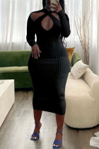 Schwarze, sexy, einfarbige, ausgehöhlte Patchwork-Kleider mit asymmetrischem Kragen und einstufigem Rock