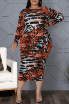 Multicolor Sexy Print Patchwork O Neck One Step Skirt Plus Size Dresses