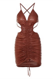 Brown Sexy Solid Bandage Draw String Backless Halter Sling Dress