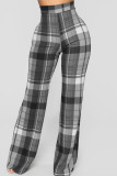 Pantalones casuales de moda con estampado a cuadros básicos de cintura alta gris