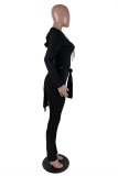 ブラックファッションカジュアルソリッドスリットフード付きカラー長袖ツーピース