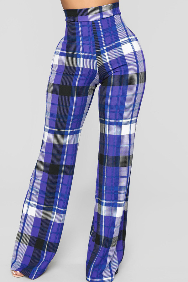 Calças de cintura alta com estampa xadrez casual moda azul básica