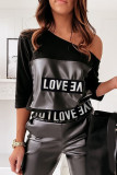 Black Casual Street Letter Print Patchwork O Neck Long Sleeve Two Pieces