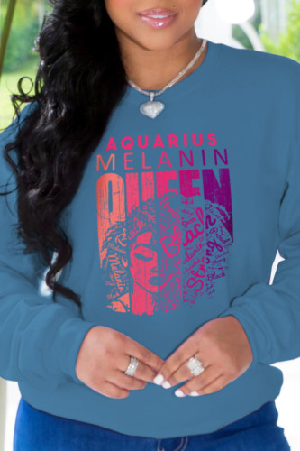 Blue Casual Vintage Print Letter O Neck Tops