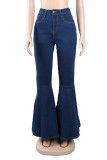 Blaue, modische, lässige, solide Basic-Boot-Cut-Denim-Jeans mit hoher Taille