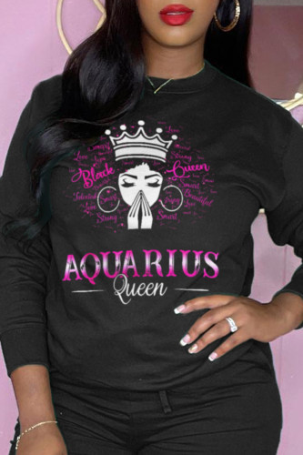 Black Casual Print Patchwork O Neck Tops