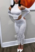 Witte Mode Sexy Effen Uitgeholde Vouw Asymmetrische Coltrui Lange Mouw Twee Stukken