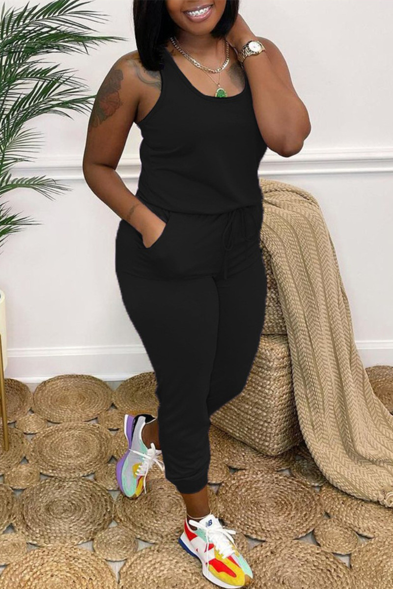 

Black Fashion Casual Solid Basic O Neck Regular Jumpsuits