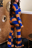 Blue Casual Striped Print Patchwork O Neck Long Sleeve Two Pieces