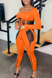 Orange Fashion Sexy Patchwork Bandage See-through O Neck Long Sleeve Two Pieces