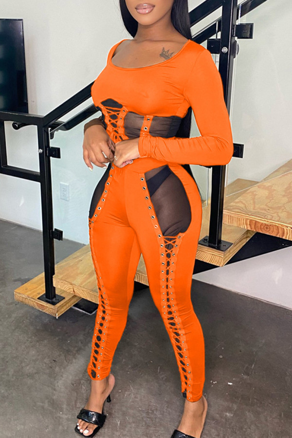 Orange Fashion Sexy Patchwork Bandage Durchsichtiger O-Ausschnitt Langarm Zweiteiler