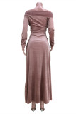 Светло-розовые модные сексуальные однотонные платья с длинными рукавами и разрезом на плечах