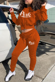 オレンジファッションカジュアルレタープリントベーシックフード付きカラー長袖XNUMX枚