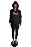 Black Fashion Casual Letter Print Basic Hooded Collar Long Sleeve Two Pieces