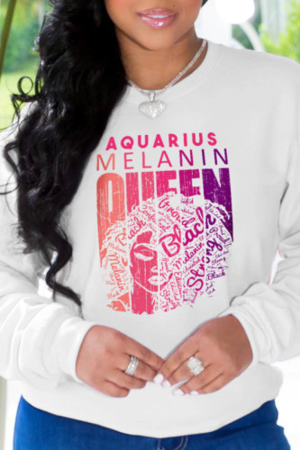 White Casual Vintage Print Letter O Neck Tops