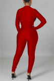 Röd Mode Casual Print Patchwork Skinny Jumpsuits med blixtlåskrage