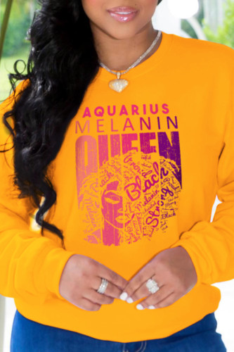 Yellow Casual Vintage Print Letter O Neck Tops