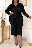 Mode décontractée noire solide avec ceinture col rabattu manches longues robes grande taille