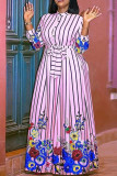 Розовые повседневные элегантные прямые платья с принтом в стиле пэчворк и пряжкой с отложным воротником