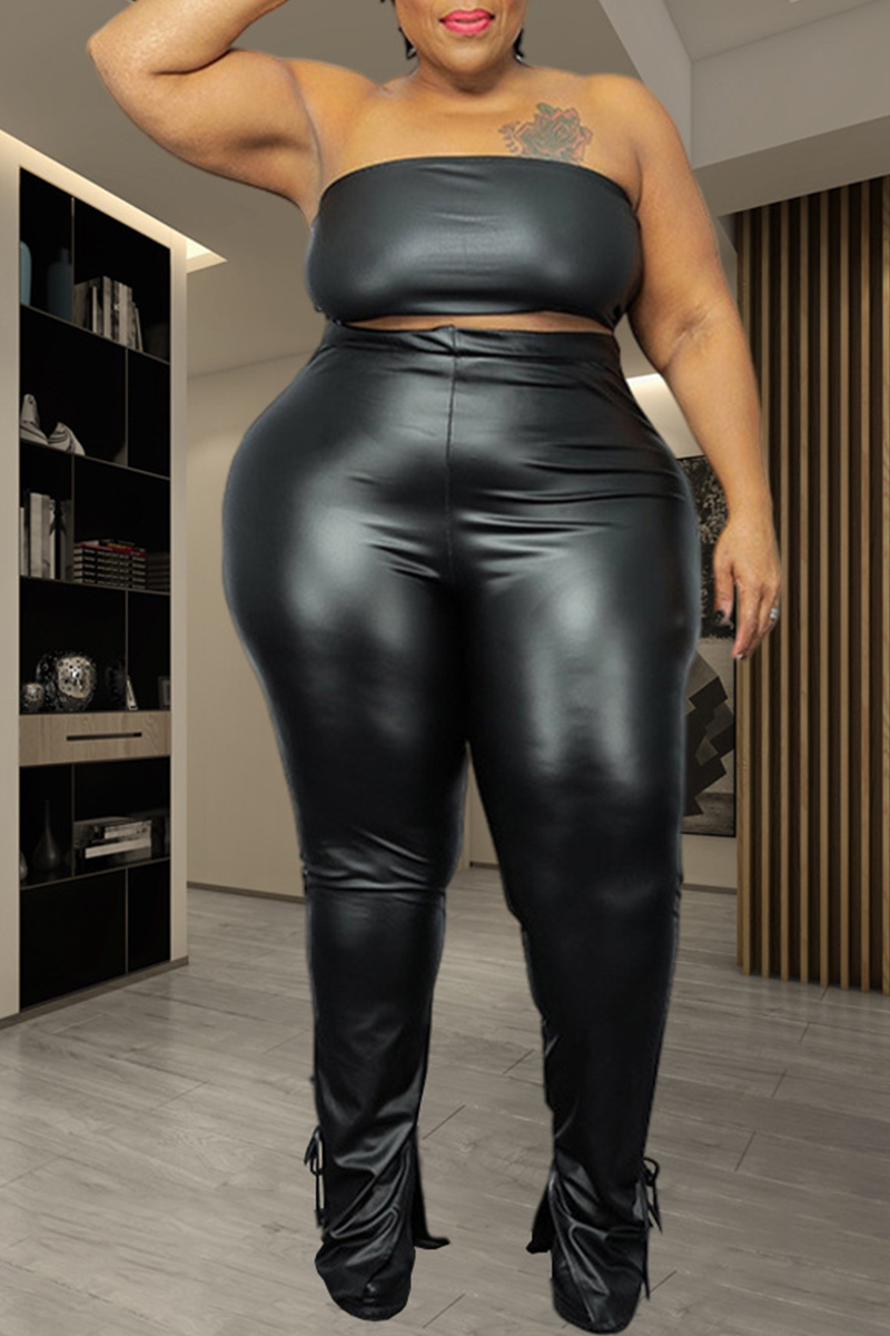 

Black Sexy Solid Split Joint Strapless Plus Size Two Pieces