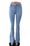 Calça jeans cintura alta azul bebê Street patchwork sólido