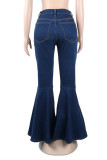 Calça jeans azul fashion casual sólida básica de cintura alta com corte de bota